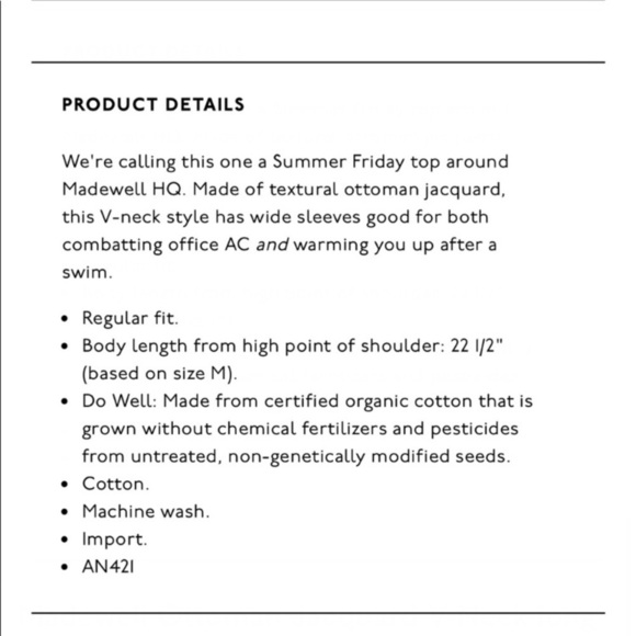 MADEWELL Textural Ottoman Jacquard V-Neck Crop Top Size Medium - Picture 5 of 8